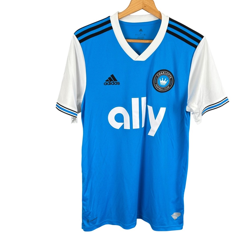 Adidas Charlotte FC Soccer Jersey Mens Medium Blue White Short Sleeve Ally Logo